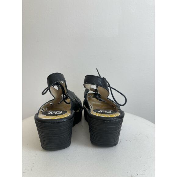 Fly London Black Leather Crisscross Wedge Sandals - Picture 9 of 10